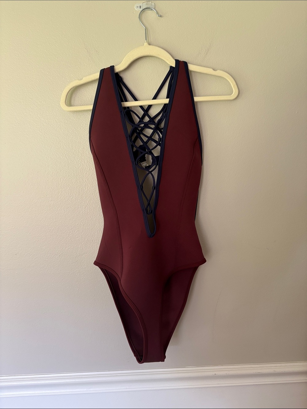 Bondi Born McKenzies Point One Piece Swimsuit Plum Deep V Lace Up NWT